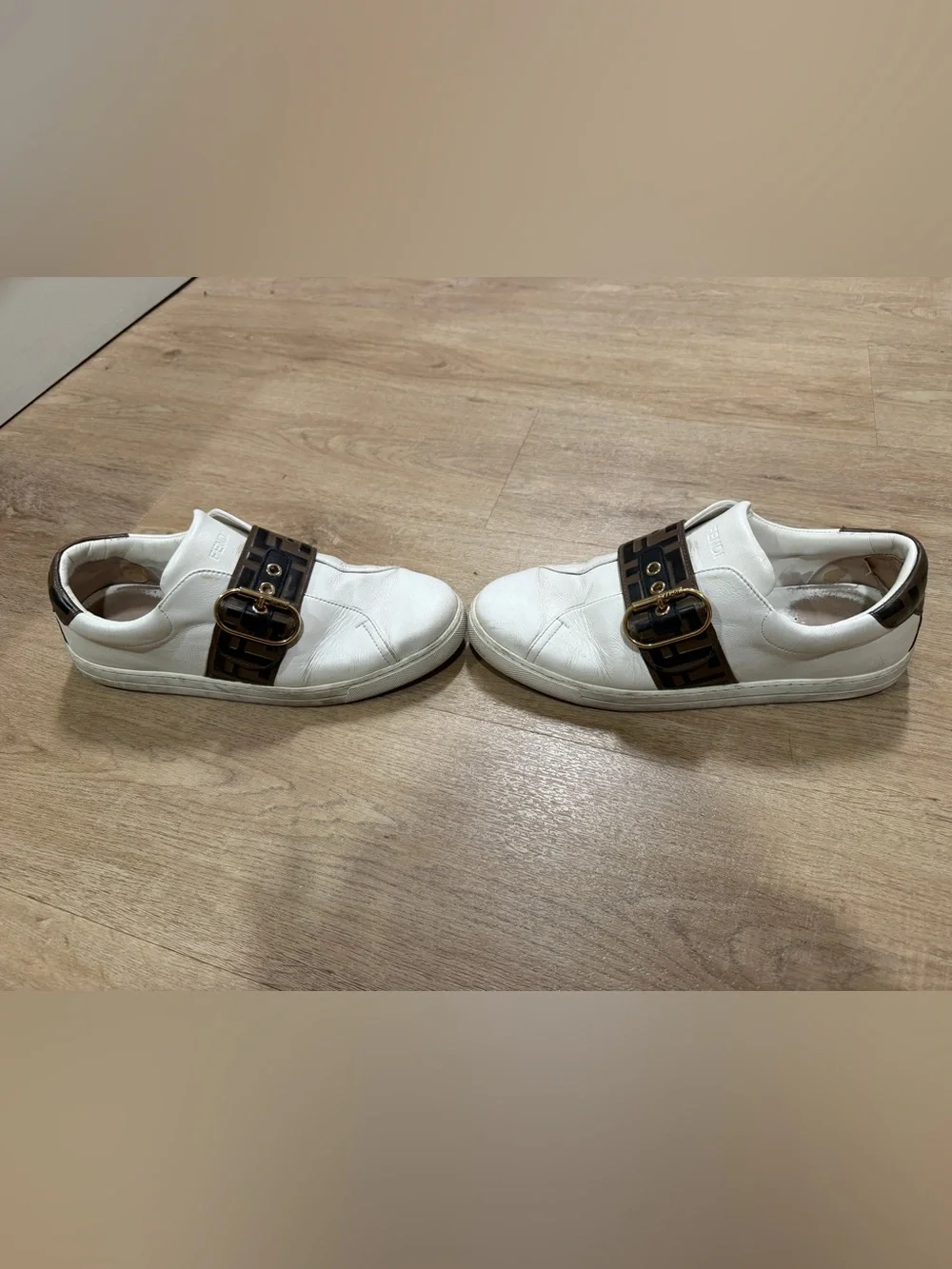 Fendi White Leather Sneakers with Brown FF Strap and Gold Buckle - Picture 2 of 7